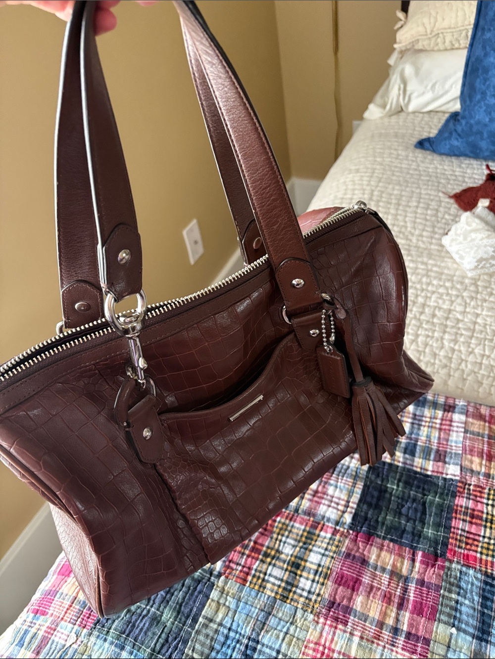 Coach Chocolate Brown Croc-Embossed Shoulder Bag with Tassel Charm